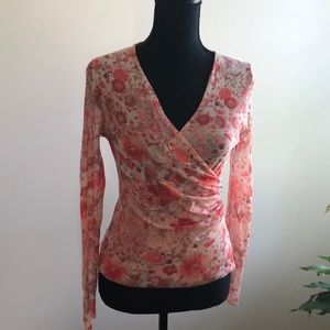 Sweet Pea by Stacy Frati sheer mesh surplice long-sleeve blouse, floral, coral
